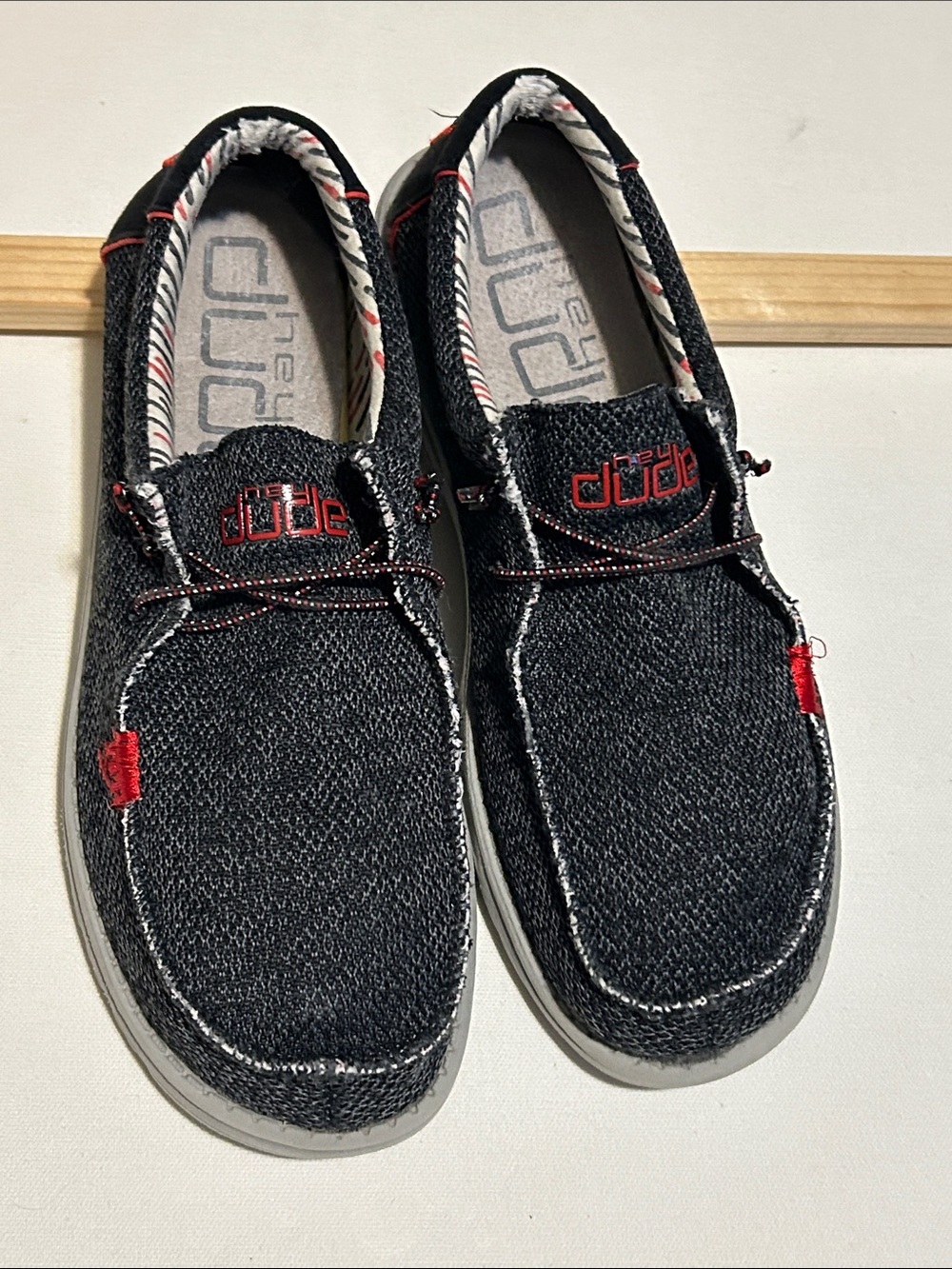 Hey Dude Black Knit Slip-On Loafers with Red Accents